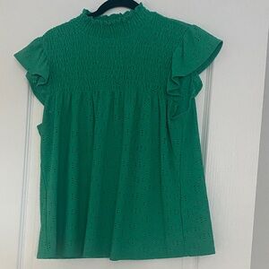 Suzy Shier Emerald Eyelet Blouse with Ruffle Sleeves